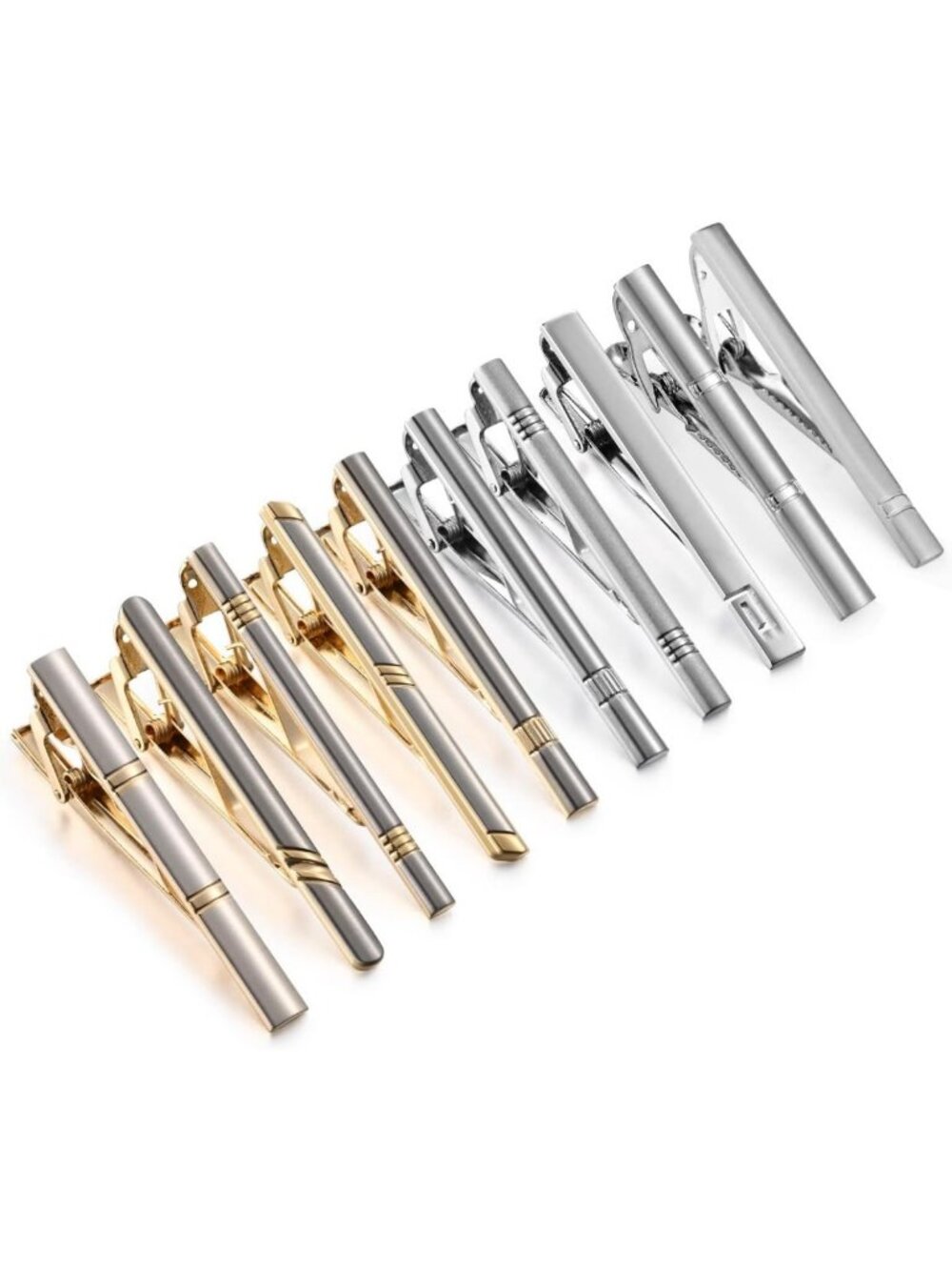 10-Piece Classic Tie Clip Set - Silver, Black, Gold Necktie Pins for Men